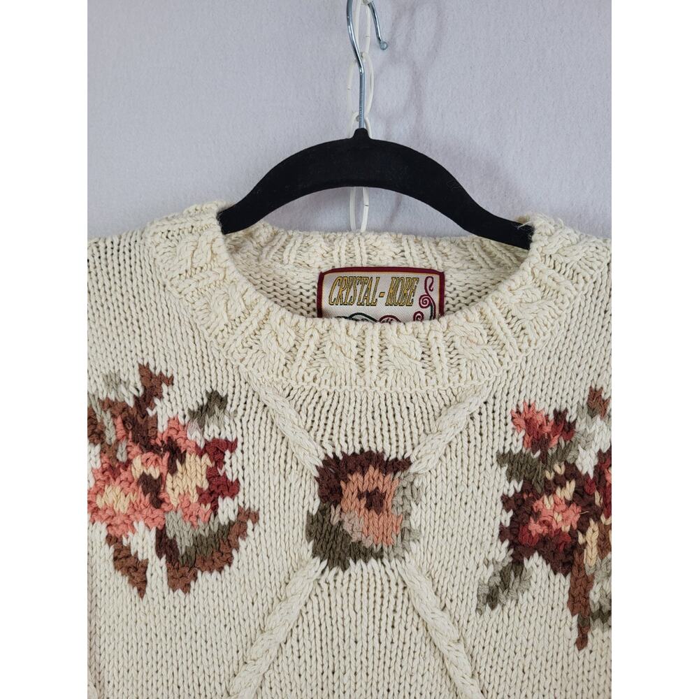 VTG Crystal‎ Kobe 3D Floral Knit Sweater L Cream Rose Cottage Romantic Grandma - Picture 3 of 14